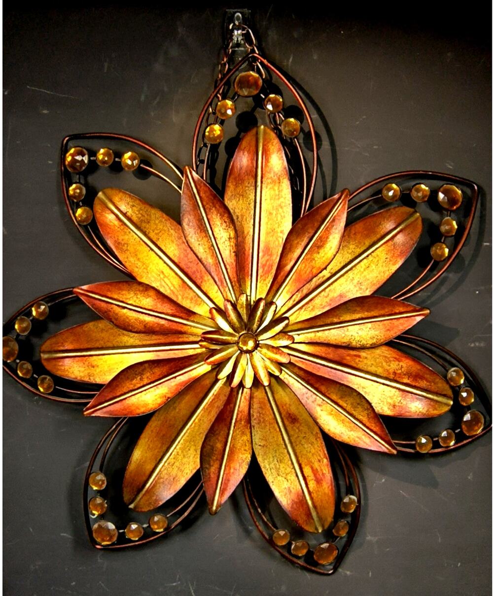 2233. Metal Wall Art Flower Gems Bronze and Gold Tones 15 Inches Hanger